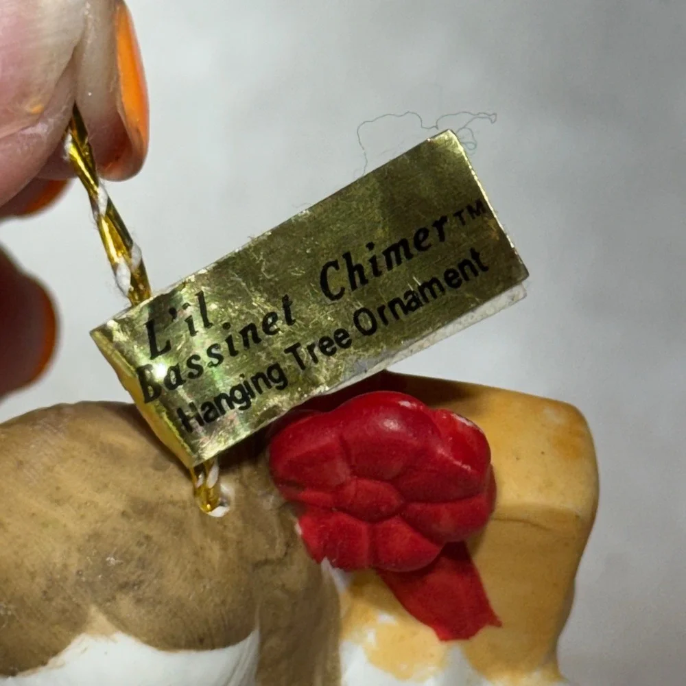 Jasco Lil Bassinet Chimer Puppy Dog Ornament Bisque Porcelain Bell White Brown